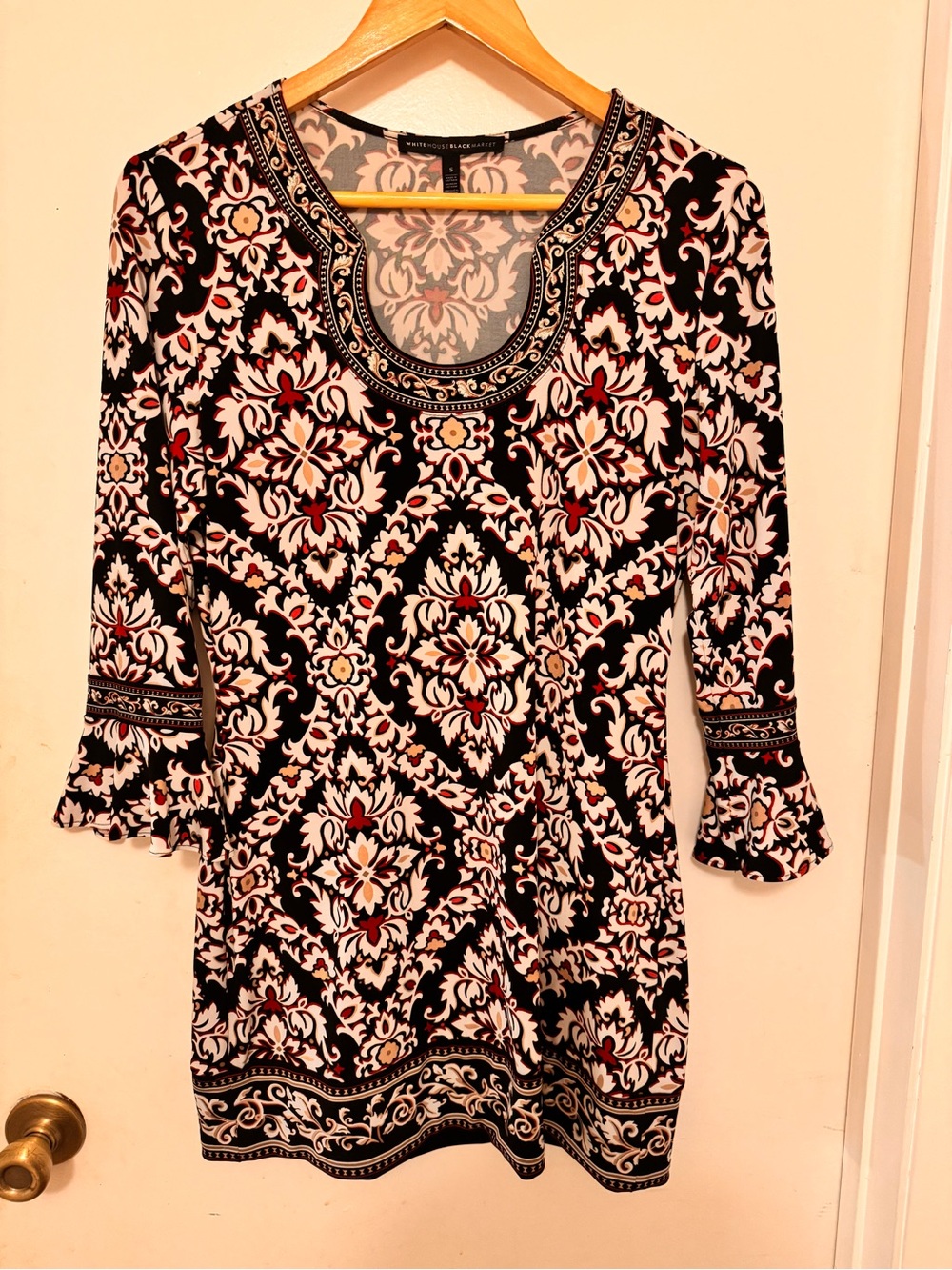 White House Black Market Black and White Damask Tunic with Pink Accents